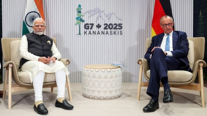 Representational/File photo of when PM Modi and German Chancellor Merz met on sidelines of G7 Summit, in Kananaskis | DPR PMO/via ANI