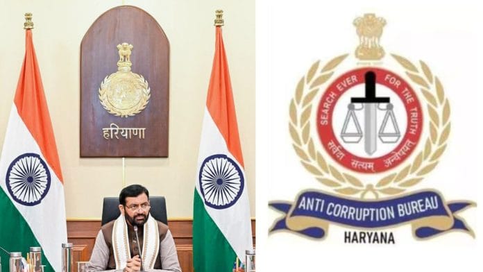 File photo of Haryana Chief Minister Nayab Singh Saini & logo of Haryana Anti-Corruption Bureau | ANI file photo