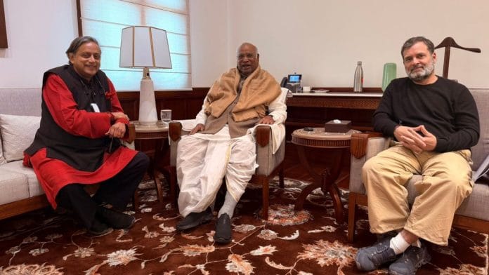 Shashi Tharoor with Congress President Mallikarjun Kharge and Lok Sabha Leader of Opposition Rahul Gandhi at Parliament House | Source: X/@ShashiTharoor