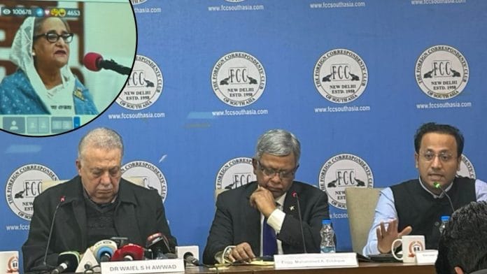 The event at the Foreign Correspondents' Club in Delhi; (inset) Sheikh Hasina | Debdutta Chakraborty | ThePrint