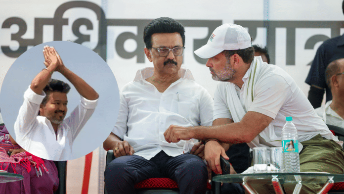 File photo of Congress leader Rahul Gandhi with Tamil Nadu CM MK Stalin. Actor-politician and TVK chief Vijay in inset. | ANI