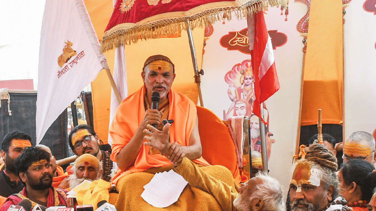 Swami Avimukteshwaranand Saraswati addresses a press conference during the Magh Mela in Prayagraj on Tuesday. | ANI