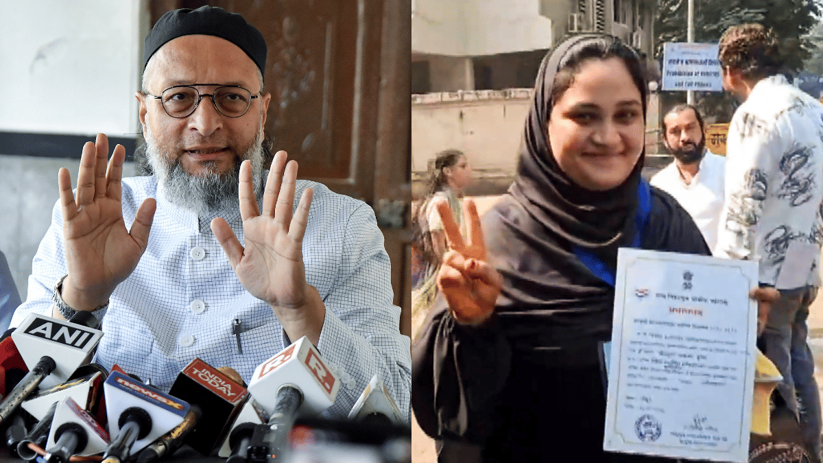(Left) AIMIM president Asaduddin Owaisi addresses media in Hyderabad after party’s impressive performance. (Right) AIMIM's Khairunnisa Akbar Hussain shows her certificate after victory in BMC. | ANI/PTI 