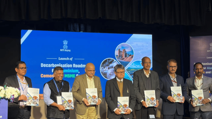 NITI Aayog CEO BVR Subrahmanyam (third from left) vice-chairman Suman Bery (centre) release 'Roadmap for Green Transition of MSMEs' report in New Delhi Wednesday. | Udit Bubna/ThePrint