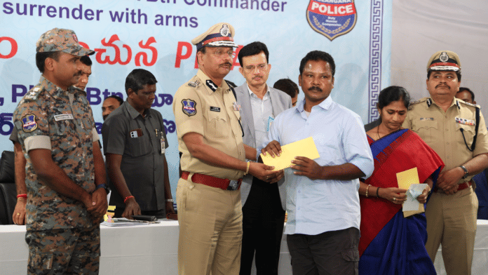 Telangana DGP B. Shivadhar Reddy with surrendered Maoist commander Barse Deva in Hyderabad | By Special Arrangement