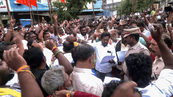 File photo of Hindu Munnani members on a protest to demand the Karthigai Deepam be lit atop Tirupparankunram hill, in Madurai | ANI