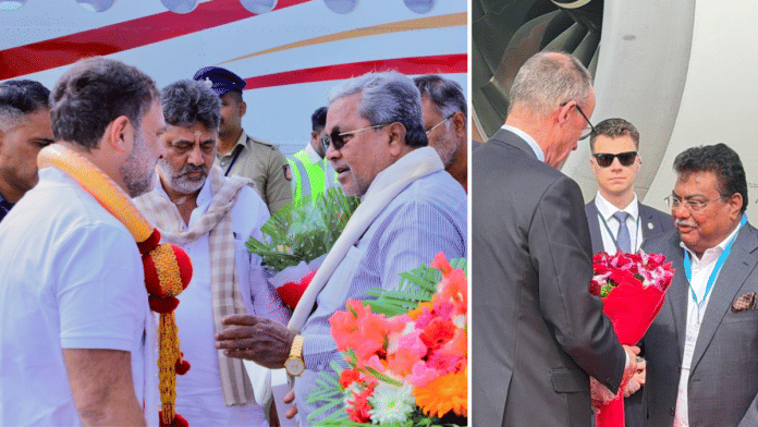 (Left) Congress leader Rahul Gandhi with Karnataka Deputy CM D.K.Shivakumar & Chief Minister Siddaramaiah; (Right) Karnataka industries minister M.B.Patil receiving German Chancellor Friedrich Merz | X