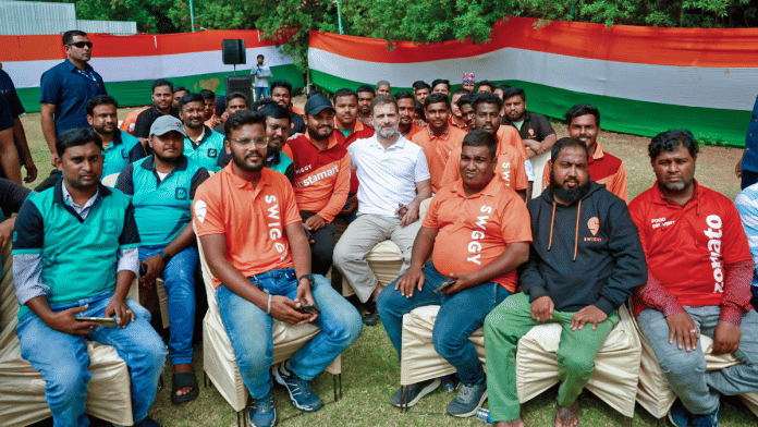 Representational image. File photo of Congress leader Rahul Gandhi during a meeting with drivers, gig workers and sanitary workers in Hyderabad. | ANI