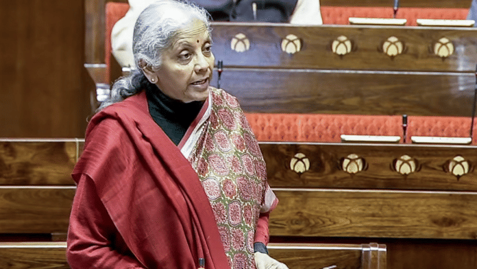 Finance Minister Nirmala Sitharaman in Rajya Sabha Thursday. | Sansad TV/ANI videograb