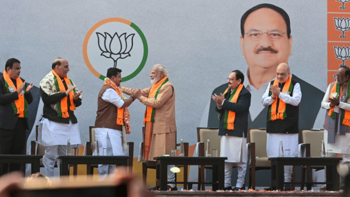 Nitin Nabin being congratulated by Prime Minister Narendra Modi after he is elected BJP's National President. Alongside are other senior BJP leaders | Suraj Singh Bisht | ThePrint