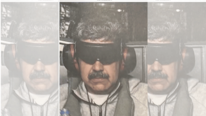 Image of Venezuela President Nicolas Maduro, with eyeglasses and ear protectors on, apparently on board a US warship after his capture | Truth Social/Donald Trump