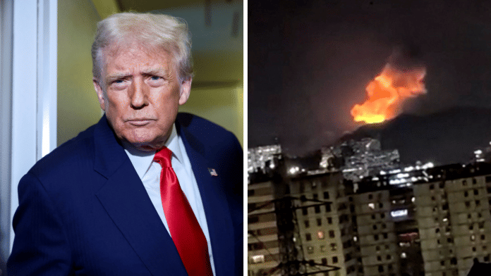 File photo of Donald Trump & plumes of smoke rising in Caracas, Venezuela after US strikes | Reuters