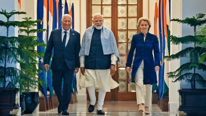 Prime Minister Narendra Modi with European Council President Antonio Costa and European Commission President Ursula von der Leyen at the Hyderabad House in New Delhi | PTI via PMO