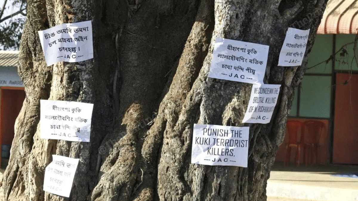 Pamphlets pasted on trees near the protest site in Kakching Khunou, Manipur | Praveen Jain | ThePrint 