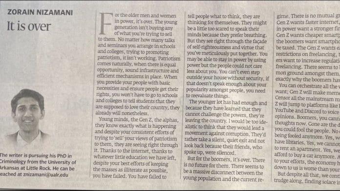 A photo of the article in The Express Tribune. Photo credit: @PTIOfficialCA/X