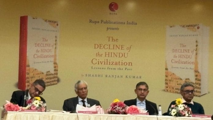 Chaitanya K Prasad, Gautam Sen, Shashi Ranjan Kumar, and Swapan Dasgupta at the book launch in New Delhi