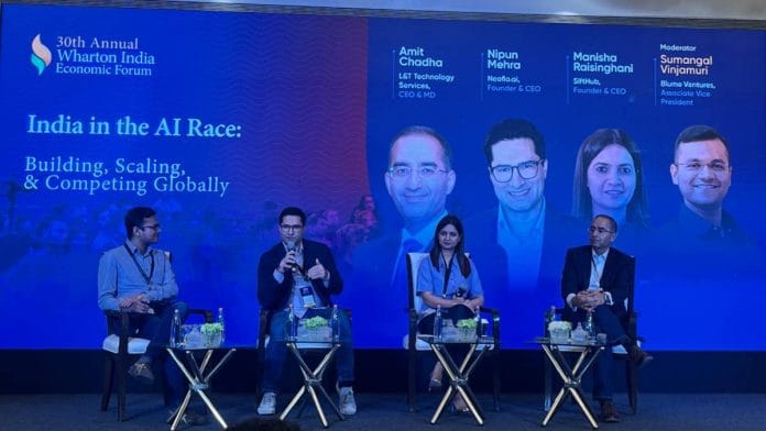 (Left to right) Moderator Sumangal Vinjamuri, Associate Vice President at Blume Ventures, in conversation with Nipun Mehra, Founder and CEO of Neoflo.ai; Manisha Raisinghani, Founder and CEO of SiftHub; and Amit Chadha, CEO and Managing Director of L&T Technology Services at Wharton India Economic Forum’s (WIEF) 30th edition at The St Regis Mumbai on 10 January | Kasturi Walimbe | ThePrint