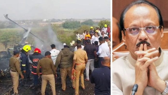 Visuals from the plane crash site at Baramati airport | File photo of Ajit Pawar | ANI