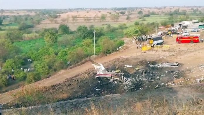 The site of the plane crash that resulted in the death of Maharashtra Deputy Chief Minister Ajit Pawar and 4 others, in Baramati on Wednesday | ANI Video Grab