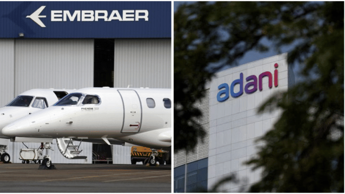 Embraer aircraft in front of the Brazilian aerospace company's logo (left) and the logo of the Indian conglomerate Adani Ground on its corporate house in Ahmedabad (right) | Commons/Reuters
