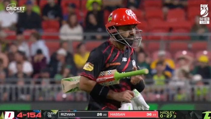 A screengrab of Mohammad Rizwan walking off after being retired out by Melbourne Renegades captain Will Sutherland against Sydney Thunder, becoming the first overseas player in Big Bash League history to be retired out | Photo: KFC Big Bash League @BBL | X