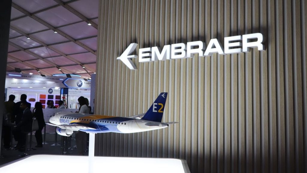 A scaled model of Embraer's E190-E2 aircraft on display at Wings India 2026 in Hyderabad | Almaas masood, ThePrint