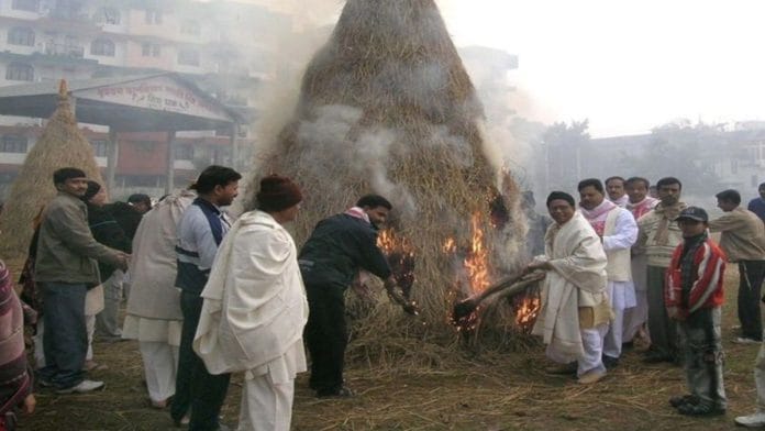 On Uruka, people come together to build Bhelaghars, which are burned the next morning on Magh Bihu