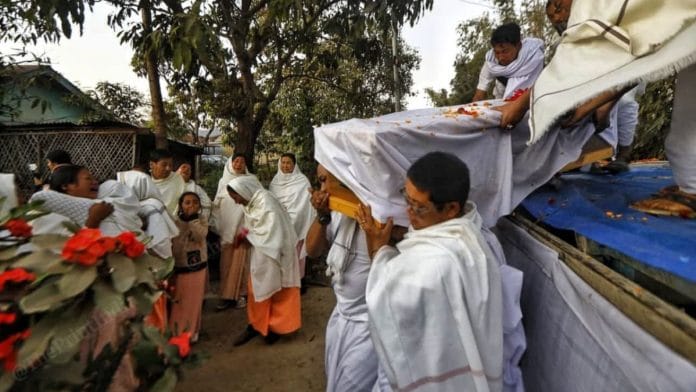 Mayanglambam Rishikanta Singh's body arrives in a wooden casket at Kakching district’s Khunou village, Manipur, on Sunday | Praveen Jain, ThePrint