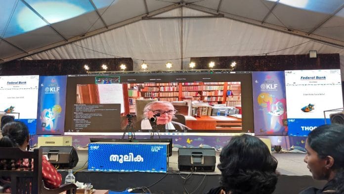 A screen showing veteran historian Romila Thapar during a session at the Kerala Literature Festival | Photo: Aneesa PA, ThePrint