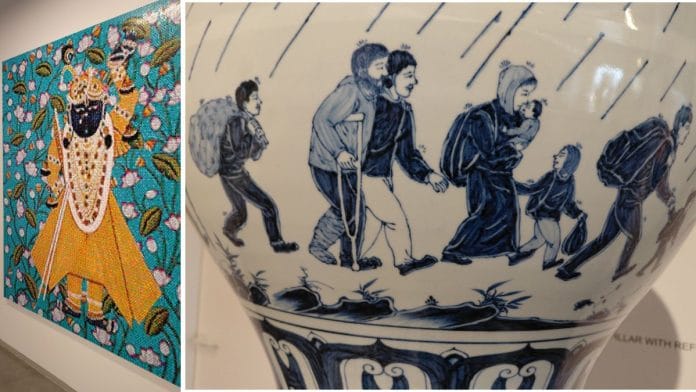 Ai Weiwei’s works on display in New Delhi: a Lego reinterpretation of Krishna (left) and a blue-and-white porcelain vase depicting refugees fleeing conflict and persecution, part of his ongoing engagement with global migration and borders | Photo: Rama Lakshmi | ThePrint
