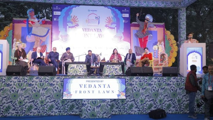 (L-R) Alice Oswald, Ian Hislop, Navdeep Singh Suri, Navtej Sarna, with moderator Vir Sanghvi, followed by Priyanka Chaturvedi, Pavan K Varma, Fara Dabhoiwala, and Anish Gawande at the podium, at the Jaipur Literature Festival | Photo: Insha Jalil Waziri