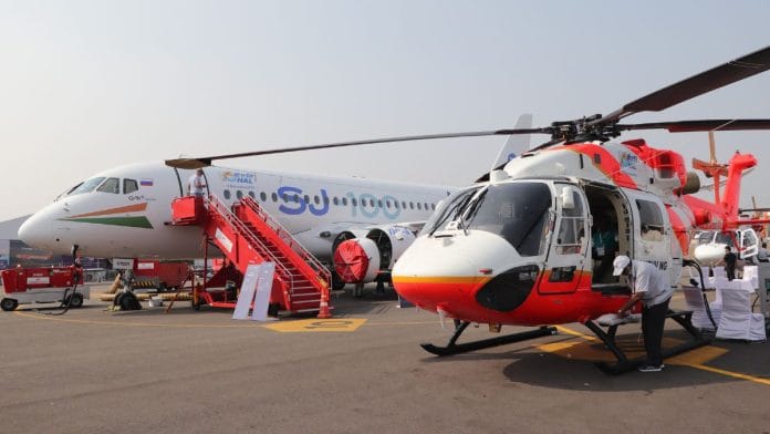Russian SuperJet100 passenger aircraft and Indian Dhruv New Generation on display a day before their debut at Wings India 2026 |Almaas Masood | ThePrint