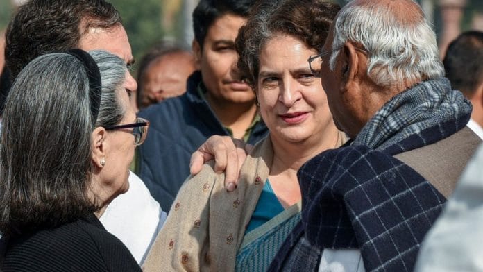 Congress President Mallikarjun Kharge, Congress Parliamentary Party Chairperson Sonia Gandhi, Lok Sabha LoP Rahul Gandhi, and Party MP Priyanka Gandhi at Parliament premises during the winter session | ANI/Rahul Singh