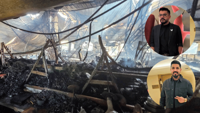 Charred remains of Birch by Romeo Lane nightclub in Goa, (inset) Gaurav and Saurabh Luthra | Photos: ANI/Special Arrangement