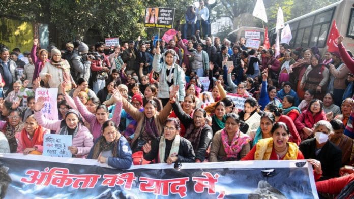 File photo: People staging a protest in Dehradun on 4 January to demand justice in the 2022 Ankita Bhandari murder case | ANI