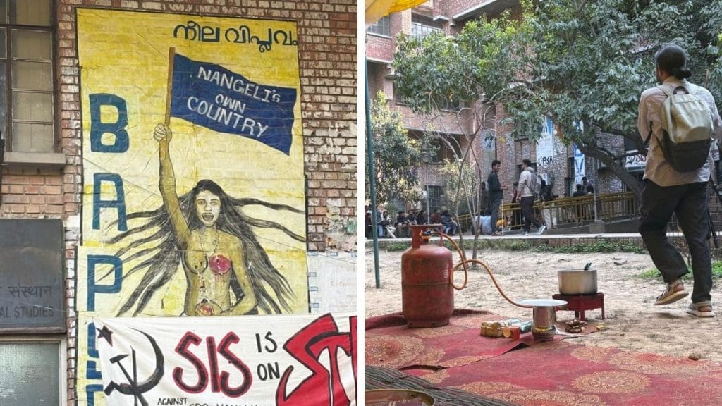 (Left) One of the posters outside the college building. (Right) Students using gas stove at the protest site | Sakshi Mehra, ThePrint