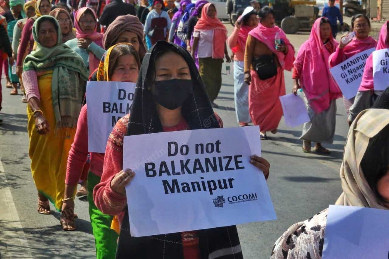 Thousands of people march under the banner of COCOMI, calling for the restoration of an elected government and rejecting demands for separate administration, in Imphal | Photos Praveen Jain | ThePrint