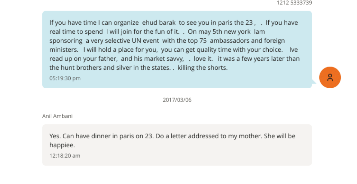 Excerpt from purported exchange between Jeffrey Epstein and Anil Ambani | US Department of Justice