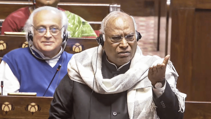 Leader of the Opposition in Rajya Sabha Mallikarjun Kharge speaks in the House during the Budget session of Parliament, in New Delhi, Thursday, Feb. 5, 2026. (Sansad TV via PTI Photo)