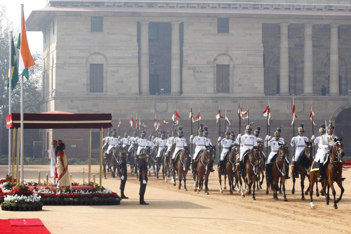 (L-R) PM Modi, Brazil President Luiz Inácio Lula da Silva and President Murmu inspects guard of honour at the Rashtrapati Bhavan | Praveen Jain | ThePrint