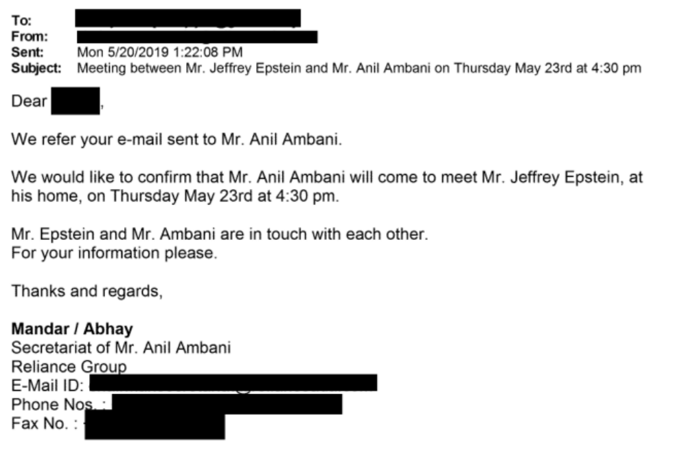 Email exchange between offices of Jeffrey Epstein and Anil Ambani | US Department of Justice