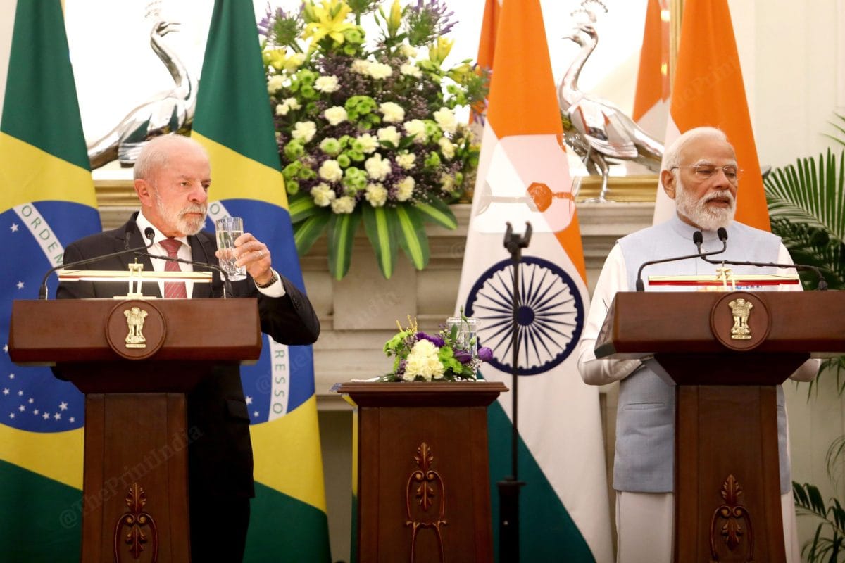 Brazil President Luiz Inácio Lula da Silva along with Prime Minister Narendra Modi during a joint press statement after their meeting at Hyderabad House | Praveen Jain | ThePrint