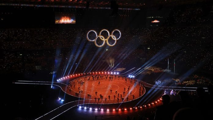 Feb 6, 2026; Milan, ITALY; A general view during the cauldron lighting during the Opening Ceremony for the Milano Cortina 2026 Olympic Winter Games at Milano San Siro Olympic Stadium. Mandatory Credit: Katie Stratman-Imagn Images