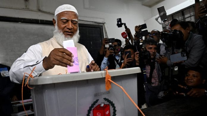 Shafiqur Rahman, Jamaat-e-Islami Ameer (president), votes inside a polling station in Dhaka Thursday | REUTERS/Fatima Tuj Johora