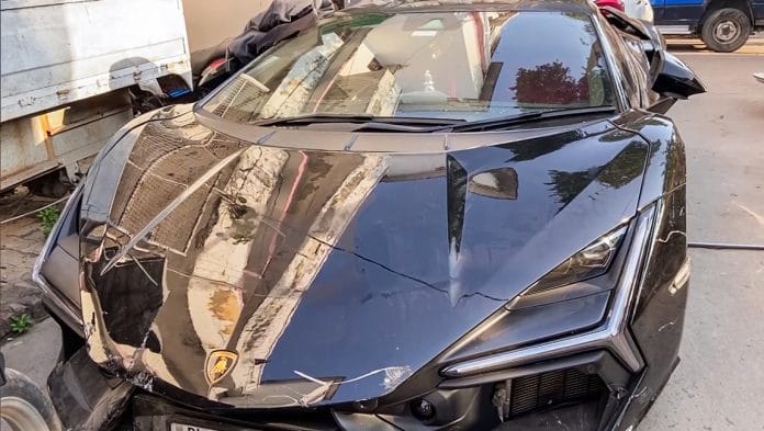 Kanpur: A view of a damaged Lamborghini car seized by the Gwaltoli police station as the son of a tobacco businessman hits more than four people and injures several pedestrians with it, in Kanpur on Monday | ANI