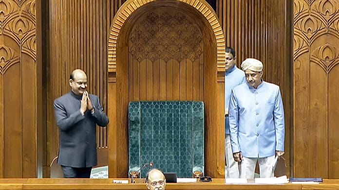 New Delhi, Feb 09 (ANI): Lok Sabha Speaker Om Birla greets in house during the Budget Session, in New Delhi on Monday. (Sansad TV/ANI Video Grab)