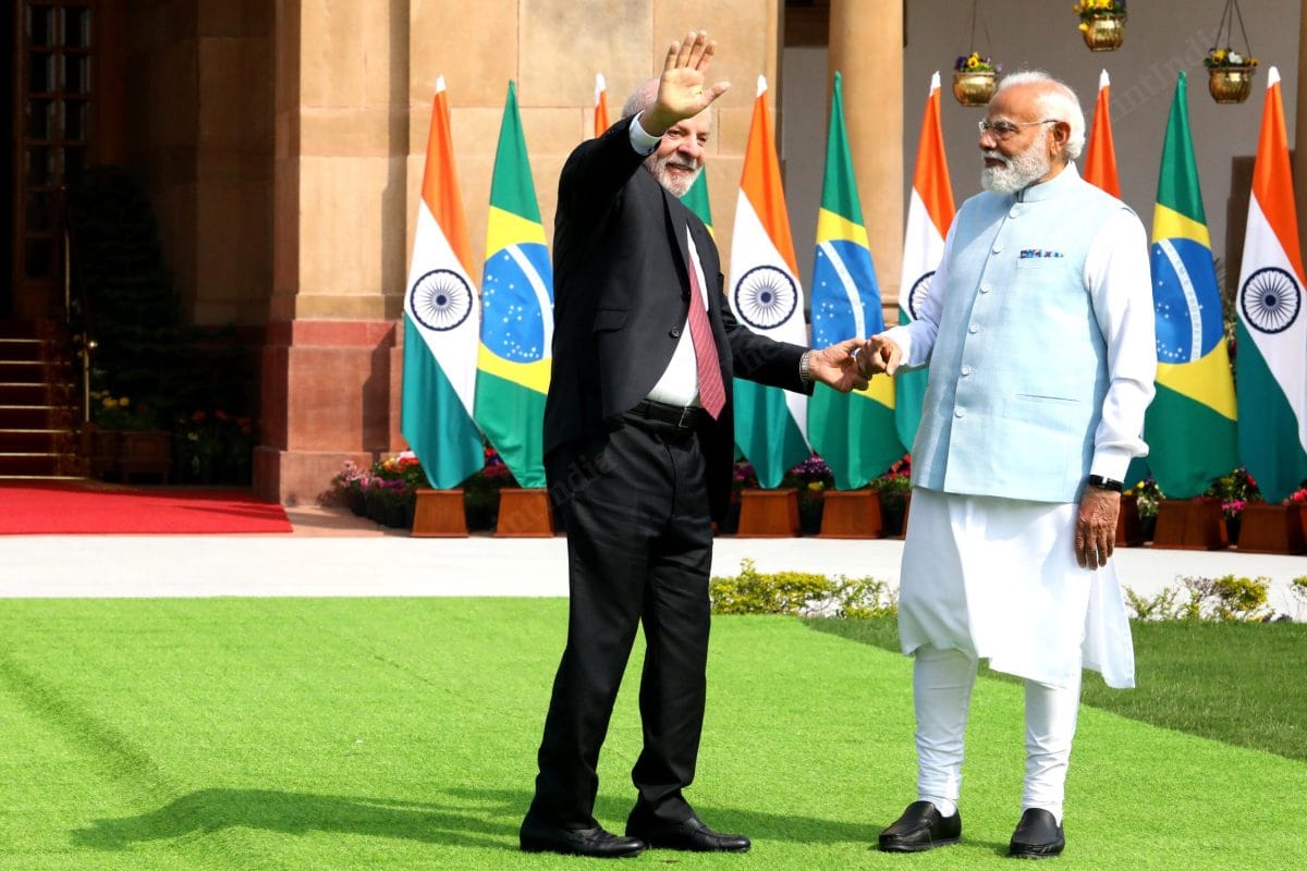 Brazil President Luiz Inácio Lula da Silva waves to the media at Hyderabad House | Praveen Jain | ThePrint