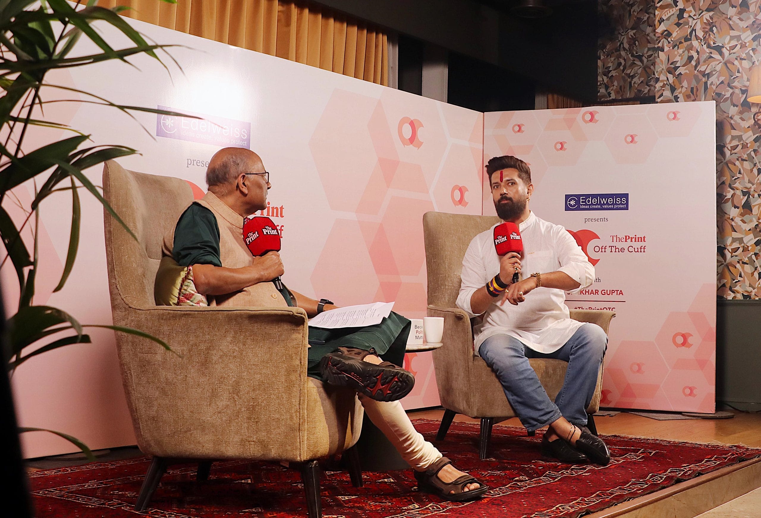 Shekhar Gupta, Founder & Editor-in-Chief of ThePrint engrossed in conversation with Chirag Paswan, Cabinet Minister of Food Processing Industries