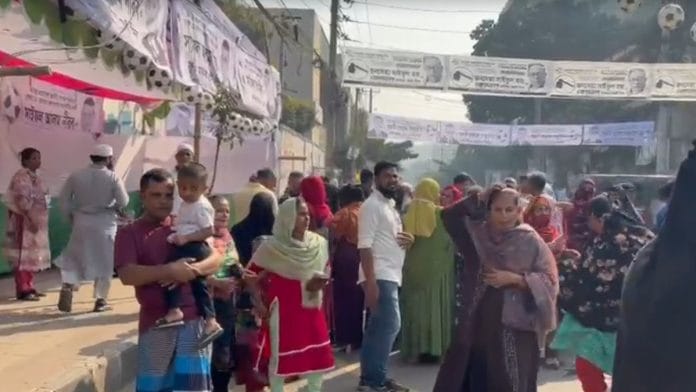 Voters outside a polling booth in Dhaka on 12 February 2026 | Debdutta Chakraborty/ThePrint
