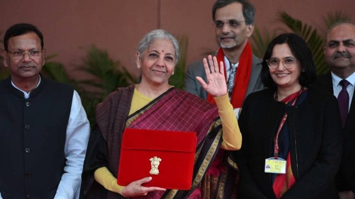 Union Finance Minister Nirmala Sitharaman with officials outside the Ministry of Finance, Kartavya Bhavan, in New Delhi Sunday | Suraj Singh Bisht | ThePrint